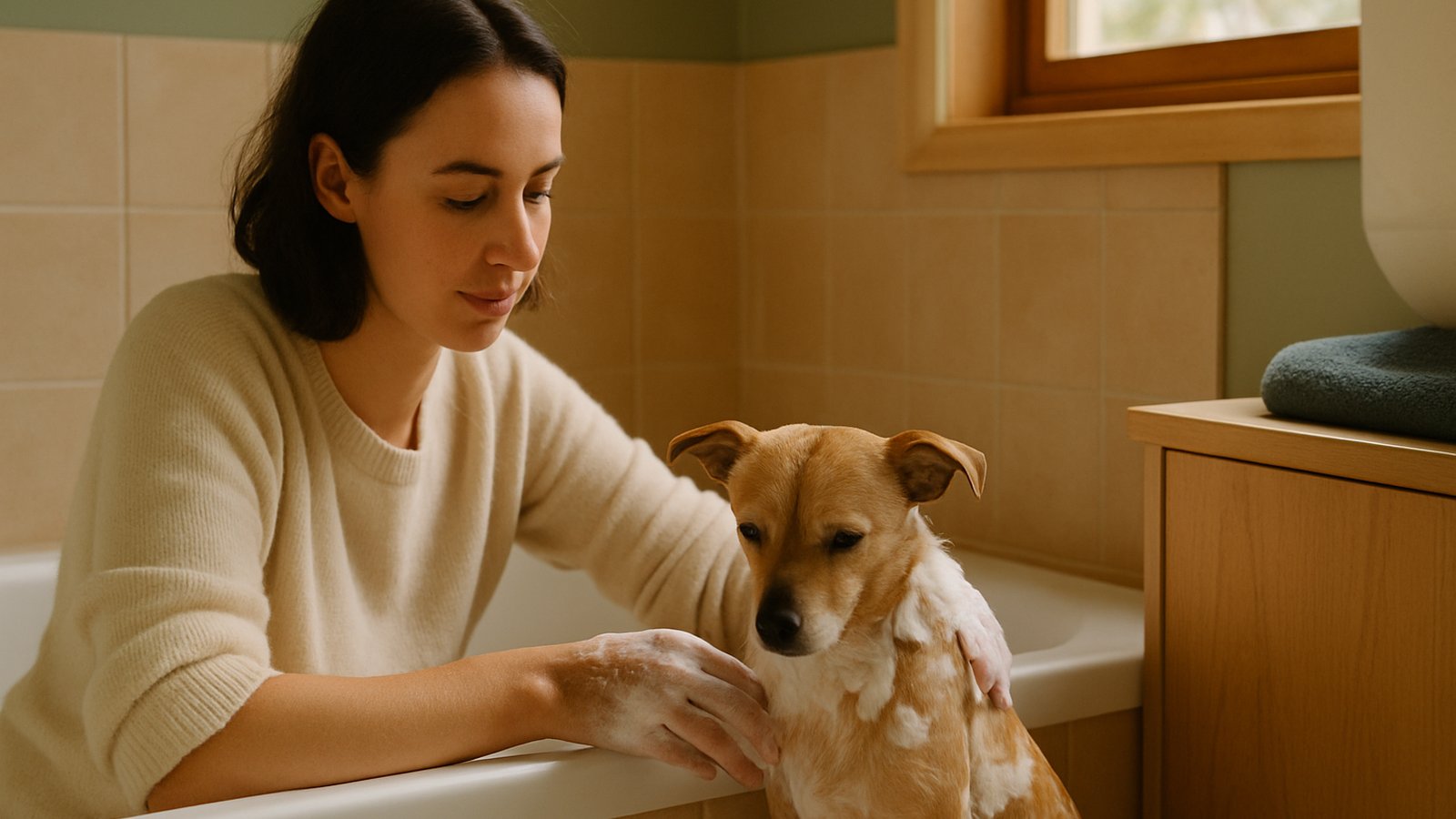 A person bathing a small calm dog in a warm-toned bathroom