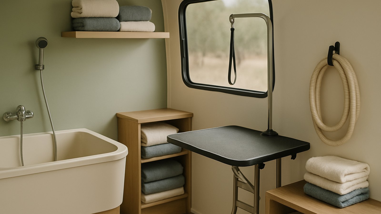 The inside of a mobile dog grooming van with a small bath, grooming table and towels