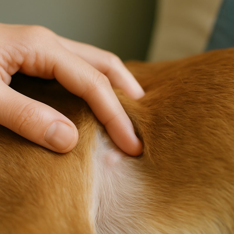 A hand carefully feeling a small lump on a dog's flank in soft natural daylight