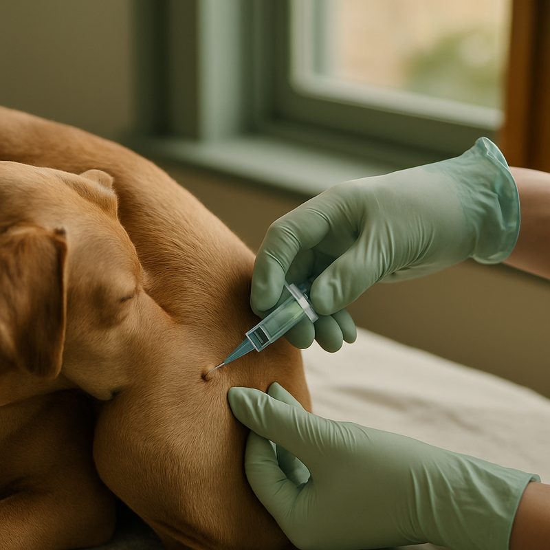 A vet's gloved hand performing a fine-needle aspirate near a small lump on a dog's body