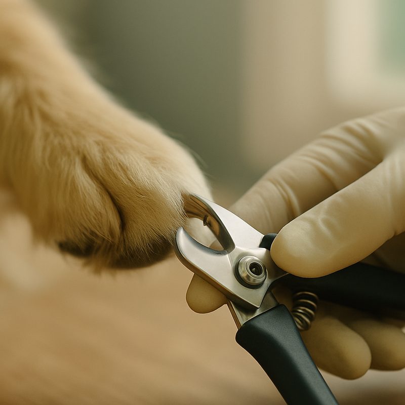 A close view of a single dog nail being trimmed by a gentle gloved hand