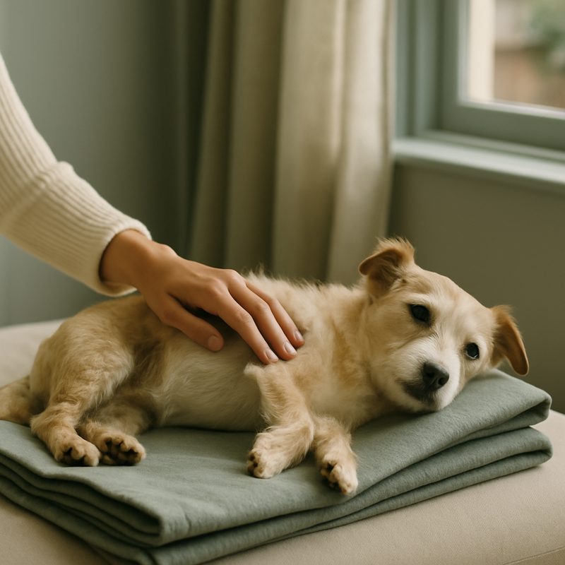 A small dog lying calmly on its side on a folded sage blanket while a hand strokes the belly
