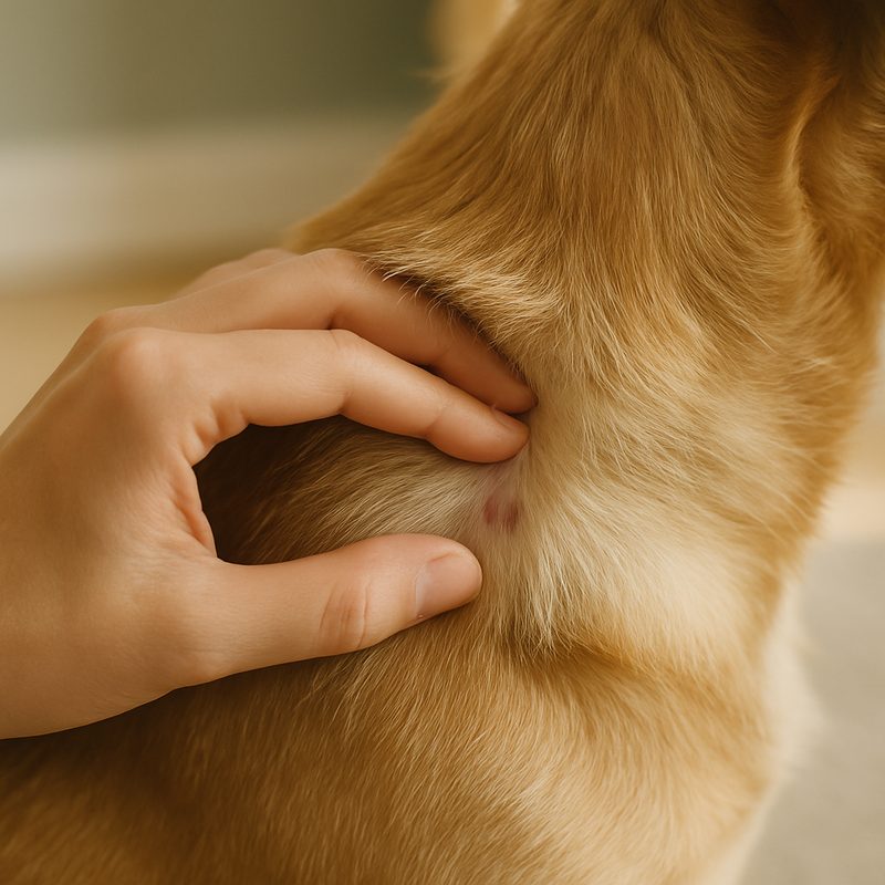 A hand parting fur on a dog's neck searching for a small bite mark in soft daylight