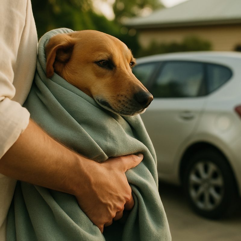 An owner's hand carrying a calm dog wrapped in a soft sage blanket toward a parked car