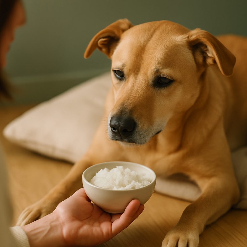 A hand placing a small bowl of plain rice on warm timber for a recovering dog