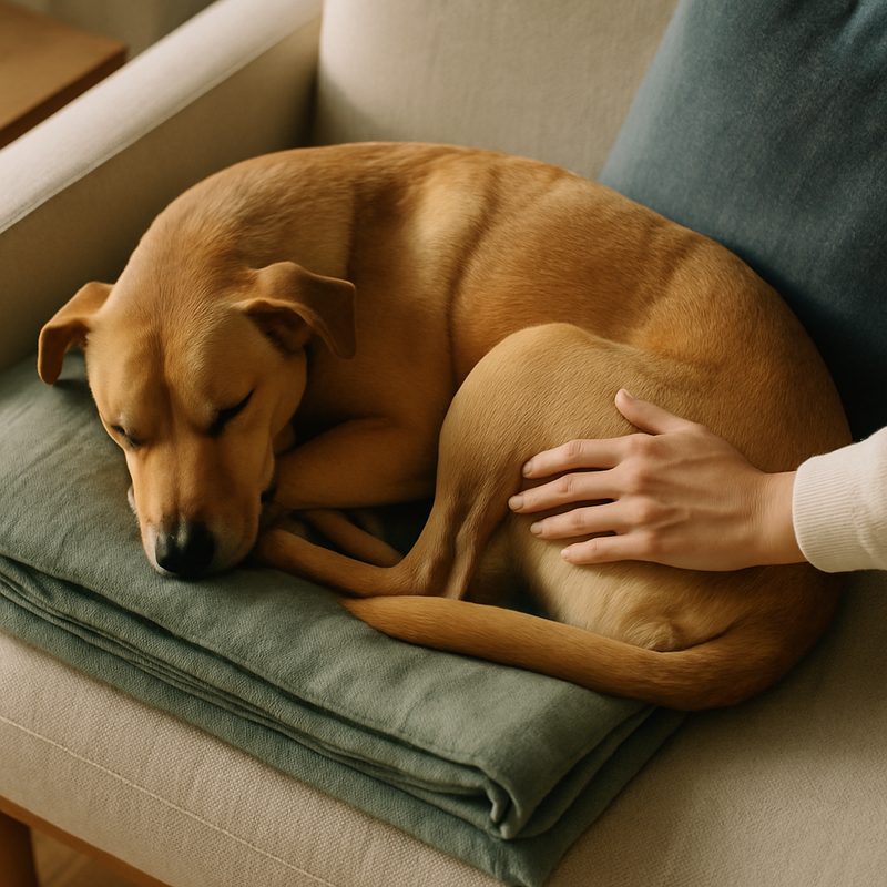 A sleeping dog curled on a folded sage blanket on a couch, owner's hand on flank
