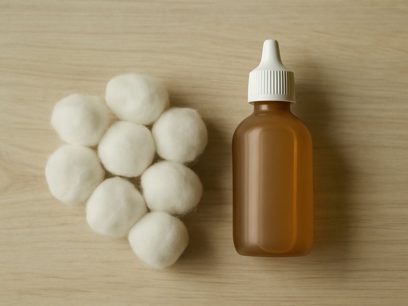 A flat-lay of a small bottle of pet ear cleaner and clean cotton wool on a pale wooden surface