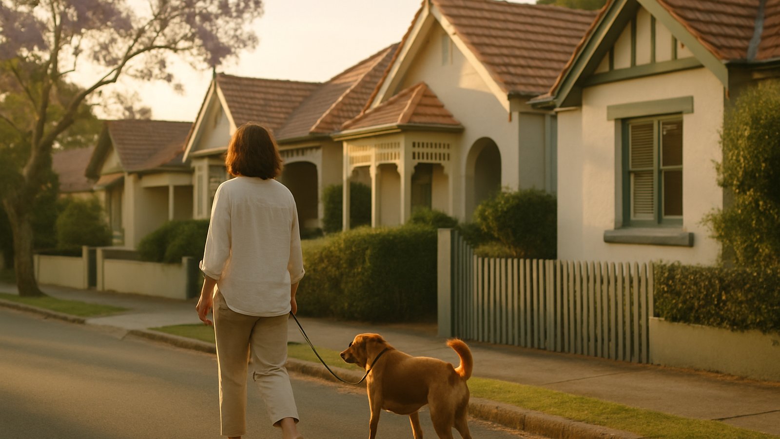 A quiet Sydney residential street at golden hour with someone walking their dog