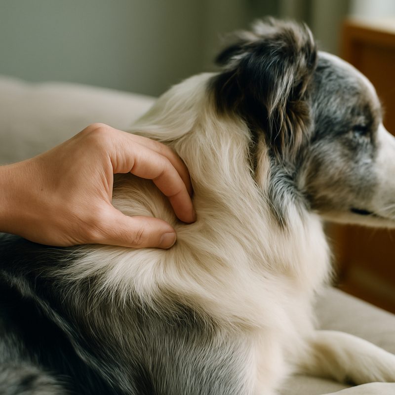 A close view of a hand parting the fur of a Border Collie, searching the skin for ticks under soft natural daylight
