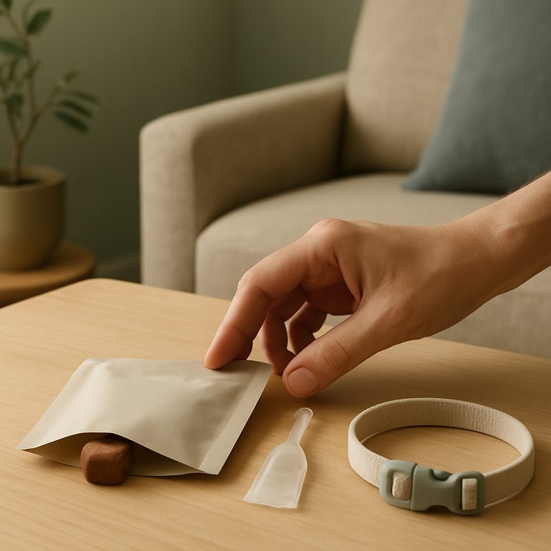 Three different flea and tick products laid out on warm timber: a chew, a spot-on pipette and a collar, with a hand reaching for the chew