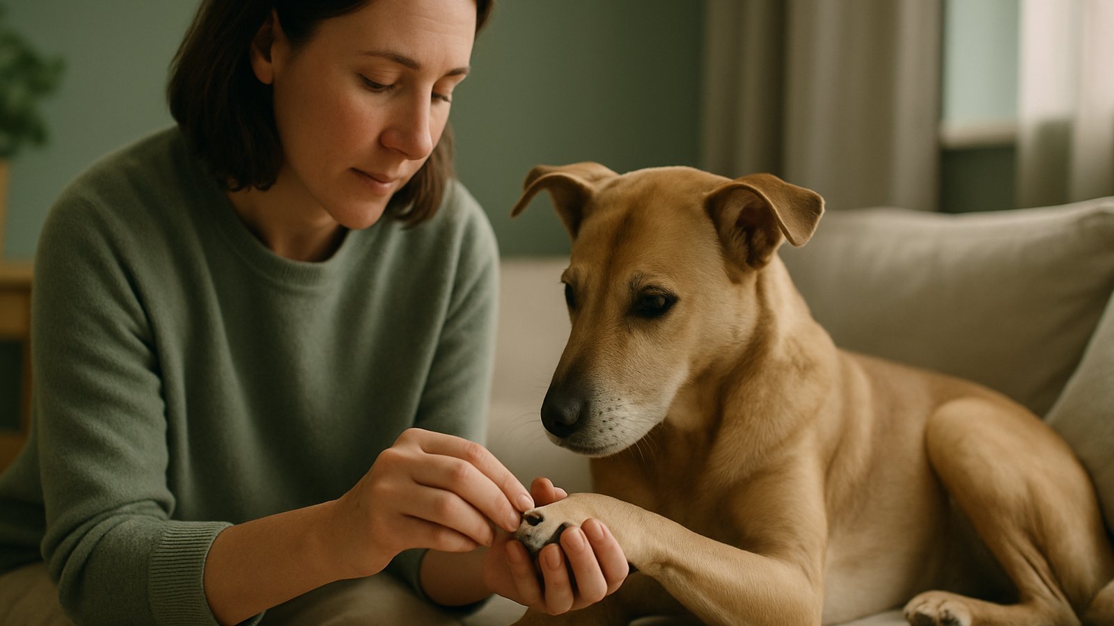 A person carefully checking between the toes of a calm dog's paw