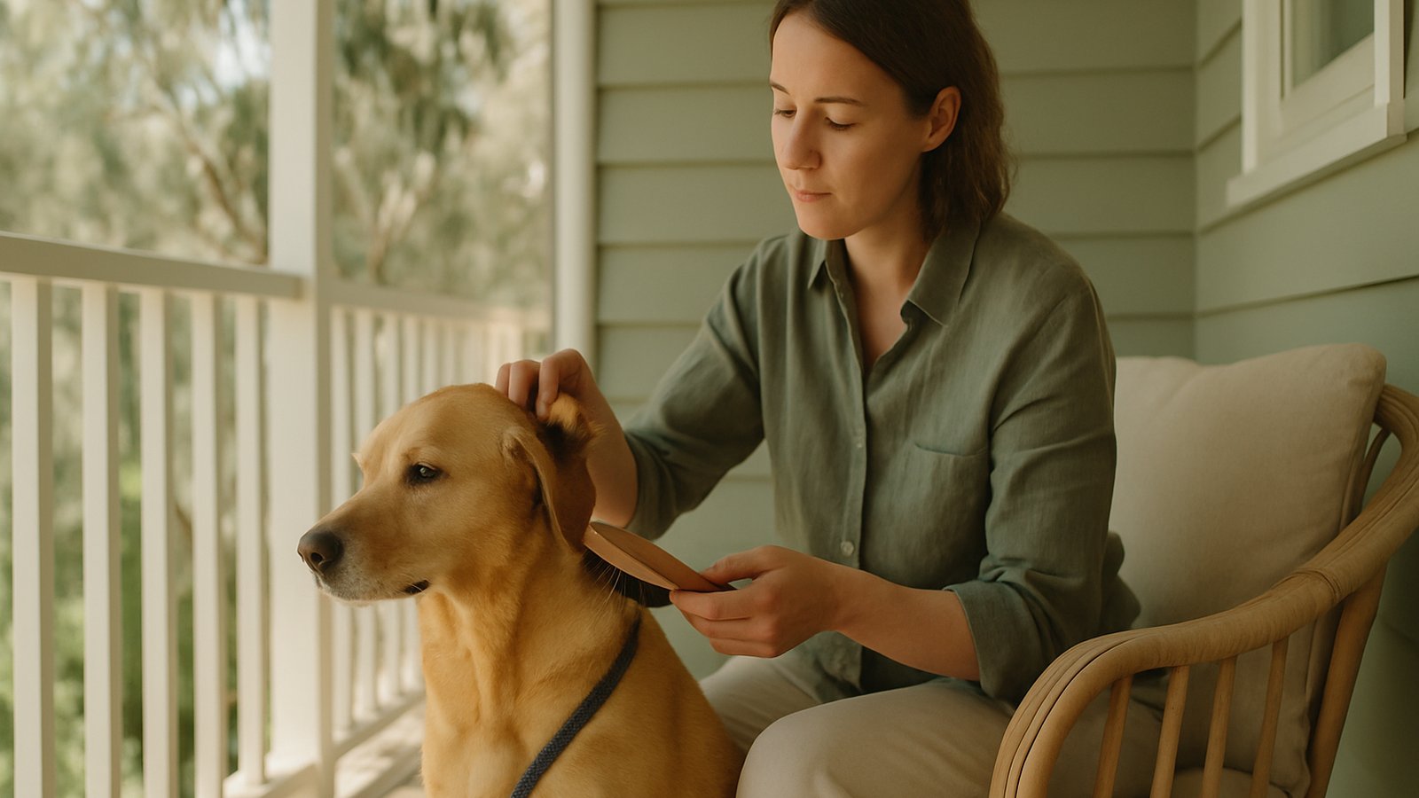 A person on a sunlit Australian porch carefully brushing and checking a dog after a walk