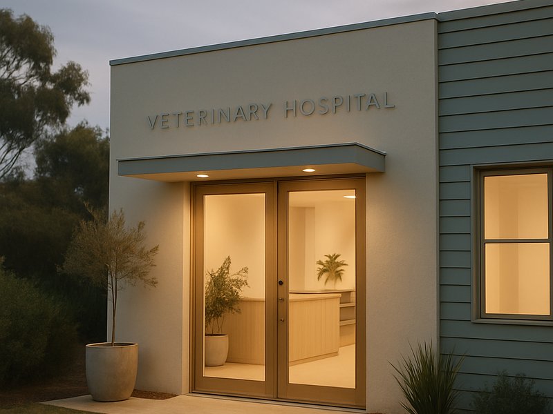 A small modern Australian veterinary hospital at dusk with warm light from the front doors