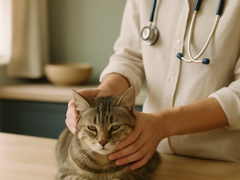 A vet's hands gently examining a calm cat on a kitchen bench