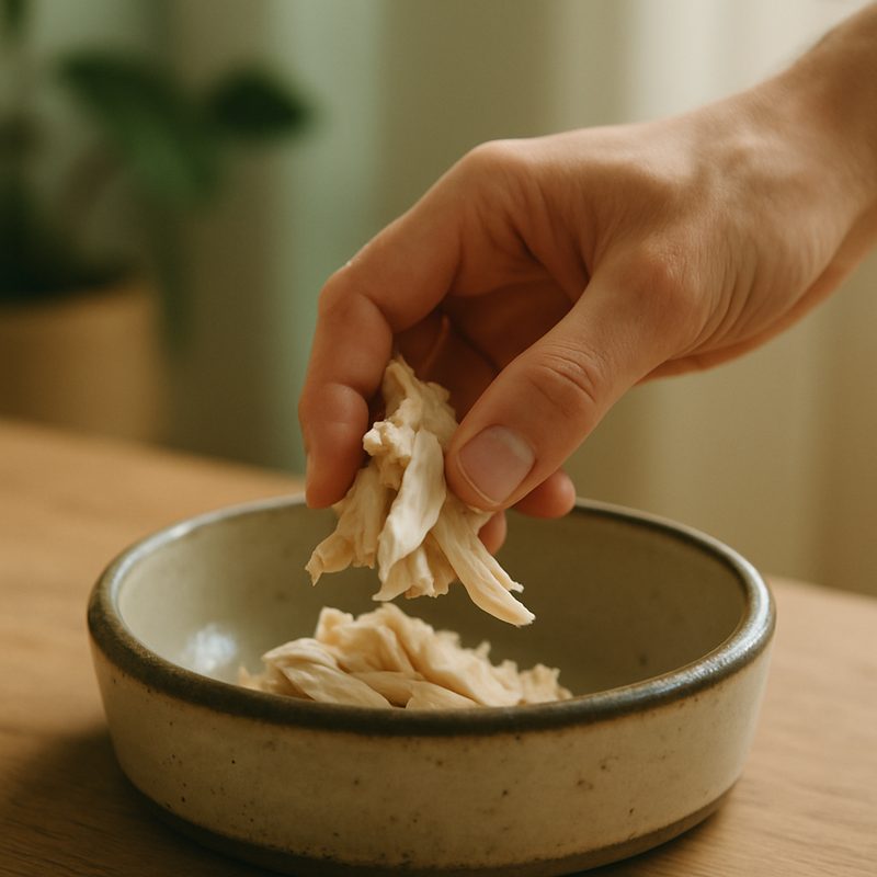 A person's hand placing a portion of cooked chicken into a worn ceramic dog bowl
