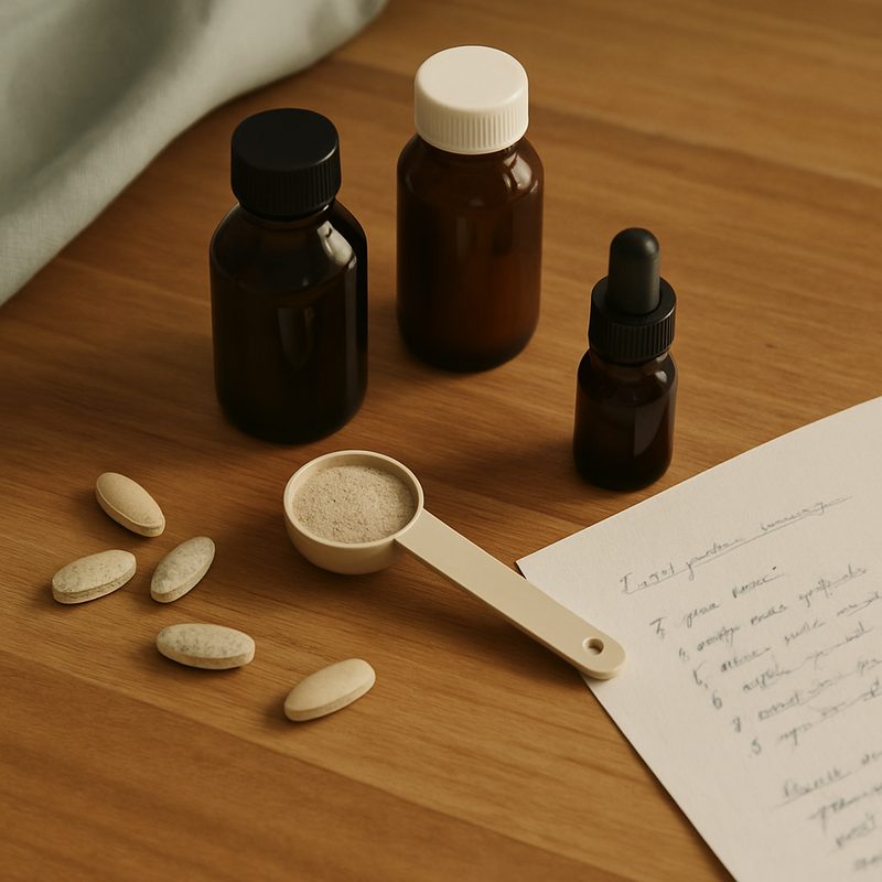 Top-down arrangement of canine nutrition supplements on warm timber