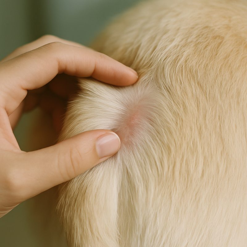 A hand parting the fur on a dog's flank to reveal slightly inflamed pink skin in soft daylight