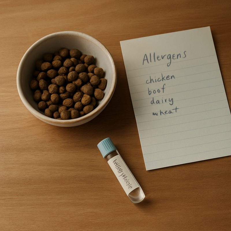 Top-down arrangement on warm timber: hypoallergenic kibble, written list of allergens, allergy testing kit