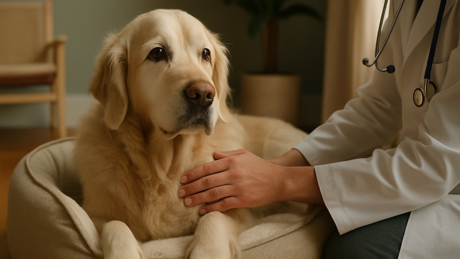An older Golden Retriever lying calmly in their dog bed while a vet's hand gently rests on their chest