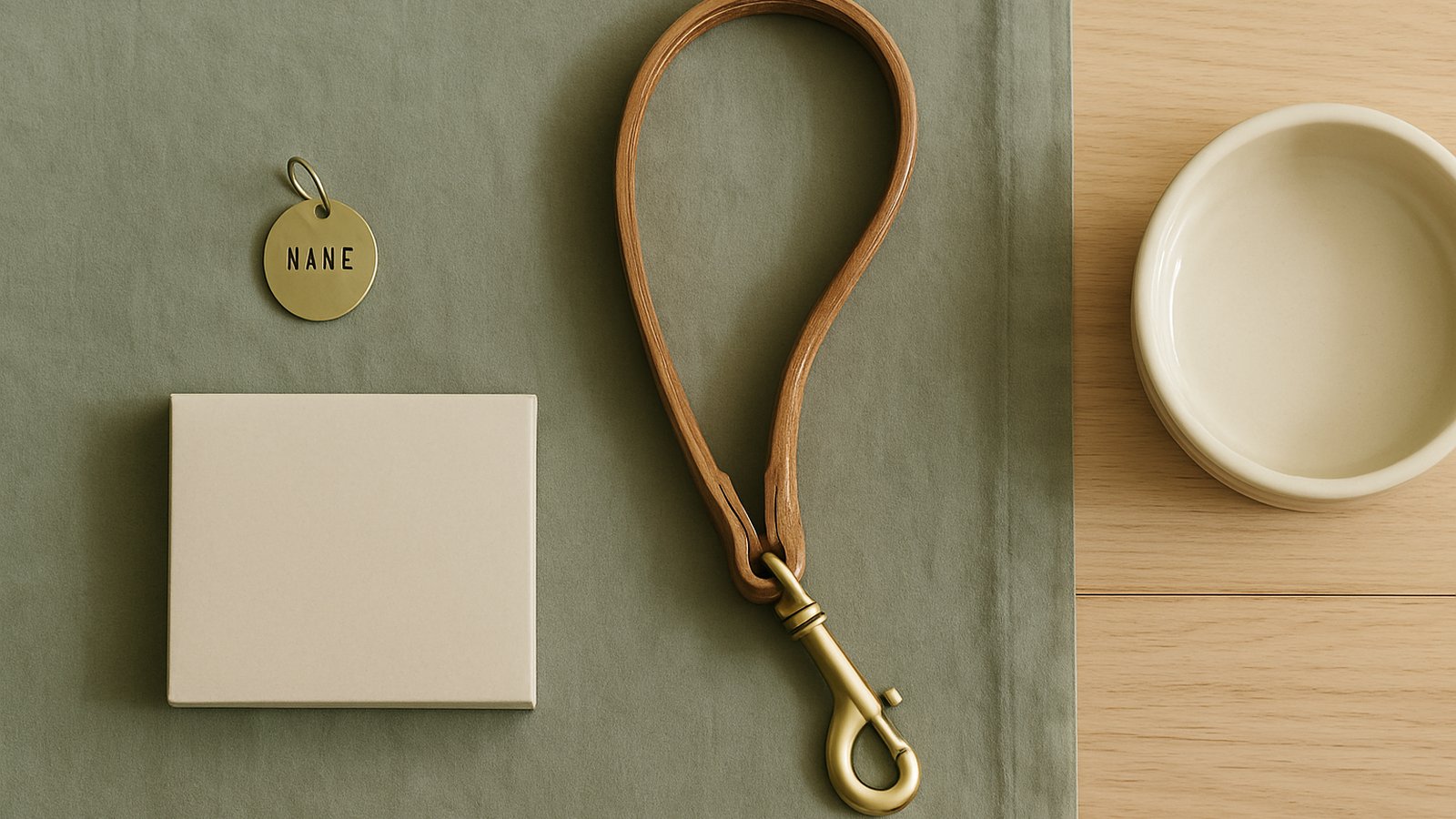 A flat-lay of new-dog supplies — a tag, a small lead, a tick preventive package, a small water bowl