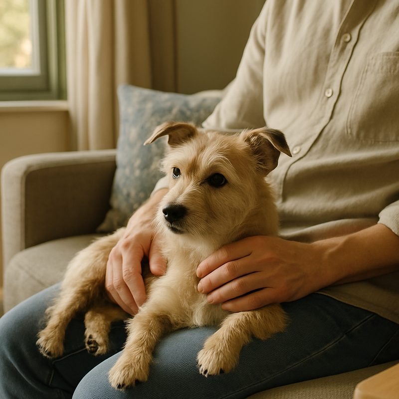 A small terrier resting on a person's lap on a couch, person's hand stroking the dog's chest, soft late-afternoon window light