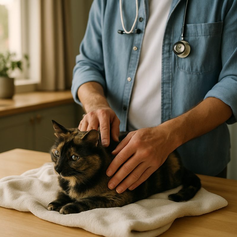 A vet's hands gently examining a calm cat sitting on a soft cream blanket on a kitchen bench, soft window light