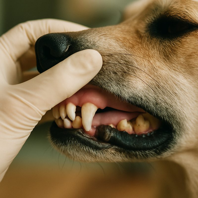 A calm dog's mouth showing healthy gums and slight tartar on the back molars in close focus