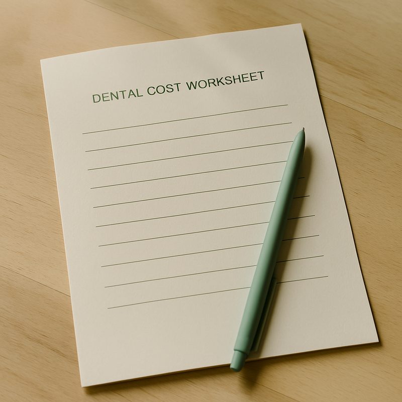 An open dental cost worksheet on warm pale timber with a pen resting on it
