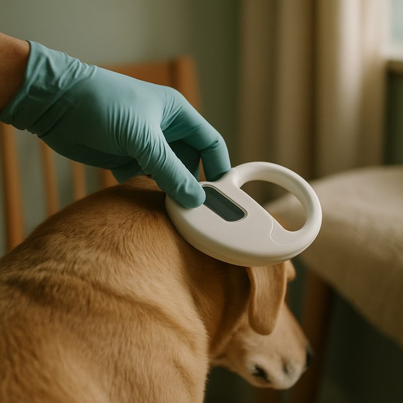 A vet's hands gently scanning a calm dog's shoulders with a microchip scanner