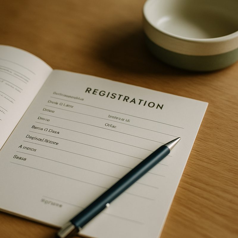 Microchip registration paperwork on warm timber, a pen resting on the form