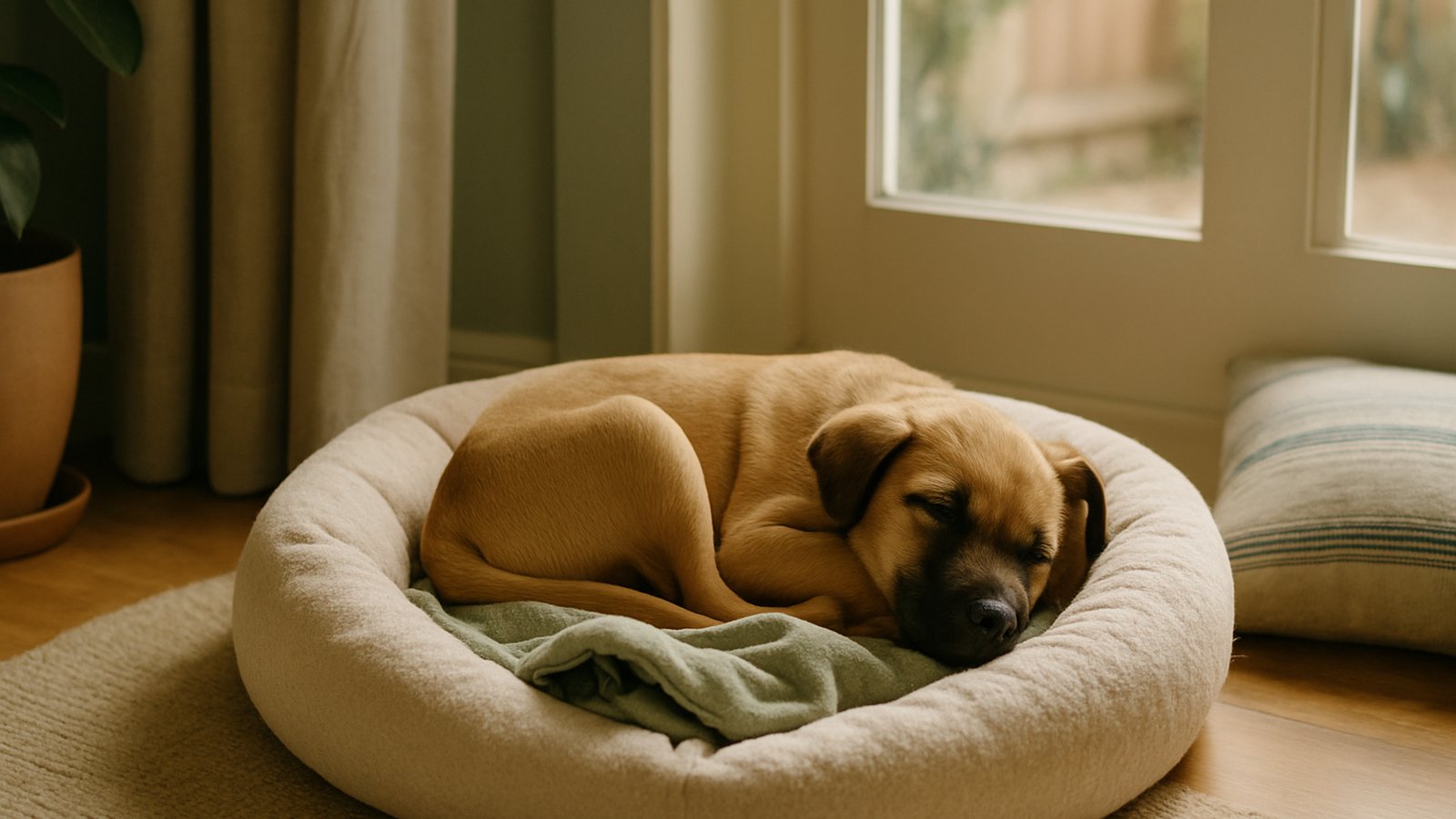 A puppy curled and sleeping deeply in a soft cushioned dog bed