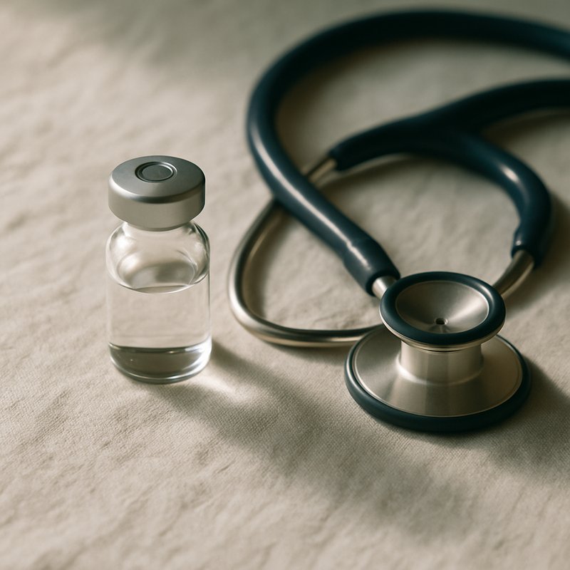A small clear glass vial and a stethoscope on textured pale linen