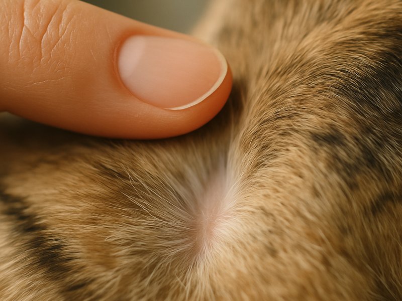 A macro photograph of a fingertip parting a cat's coat to reveal healthy skin