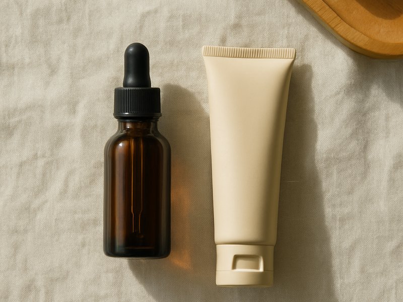 A flat-lay of a small dropper bottle and a tube of cream on textured pale linen