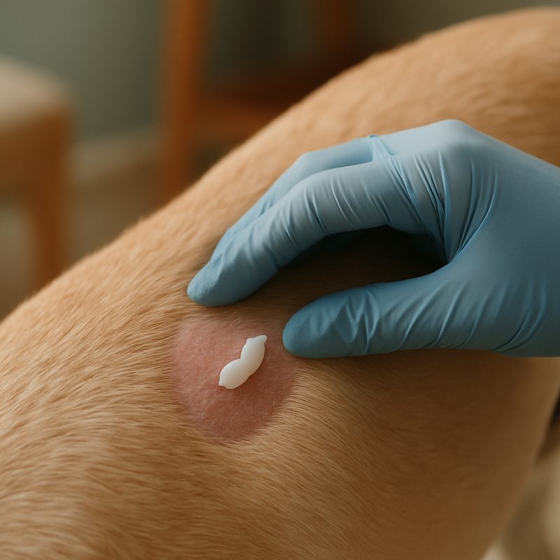 A gloved hand gently applying a small amount of antifungal cream to a circular hairless patch on a dog's skin
