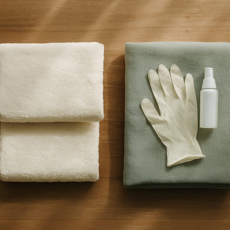 Clean towels and a folded sage blanket on warm timber, with disposable gloves and disinfectant