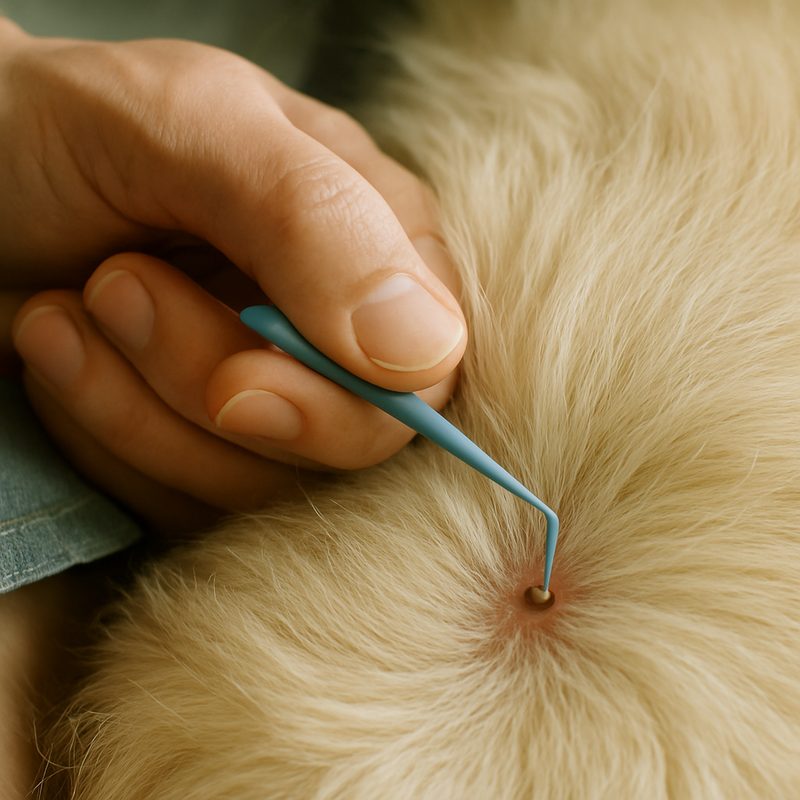 A hand using a fine-tipped tick-removal tool to gently lift a small tick from a dog's skin