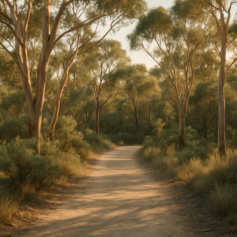 An Australian native bushland scene with a sandy track and dappled gum-tree shadows
