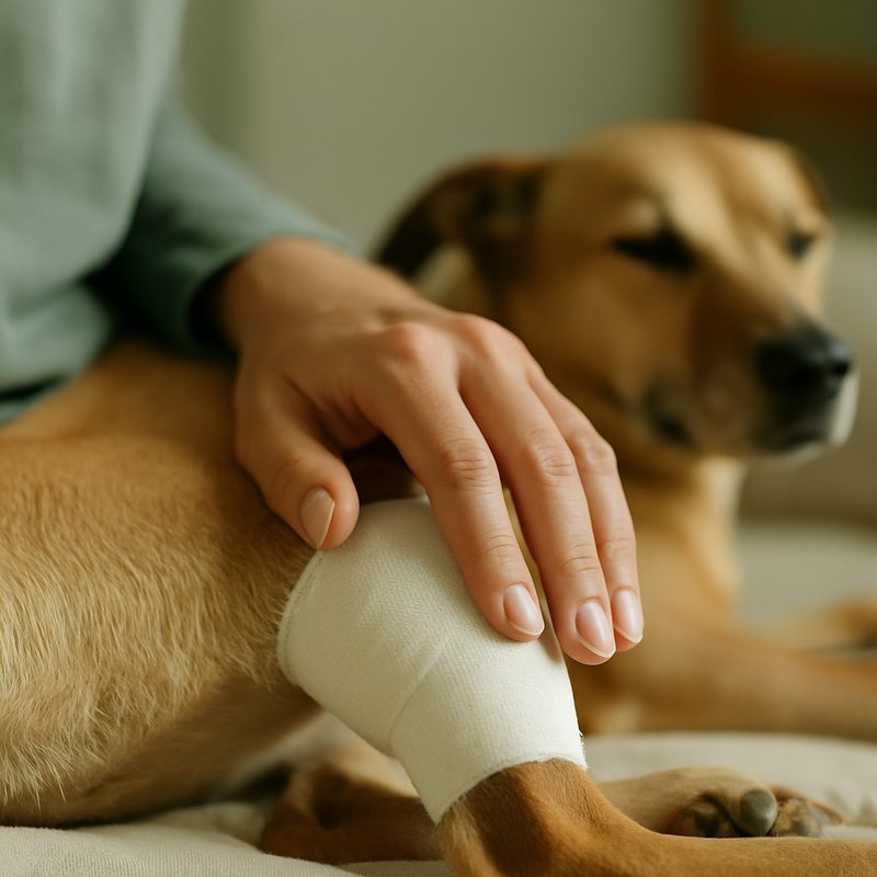 A gentle hand resting lightly on a dog's bandaged hind leg in soft daylight