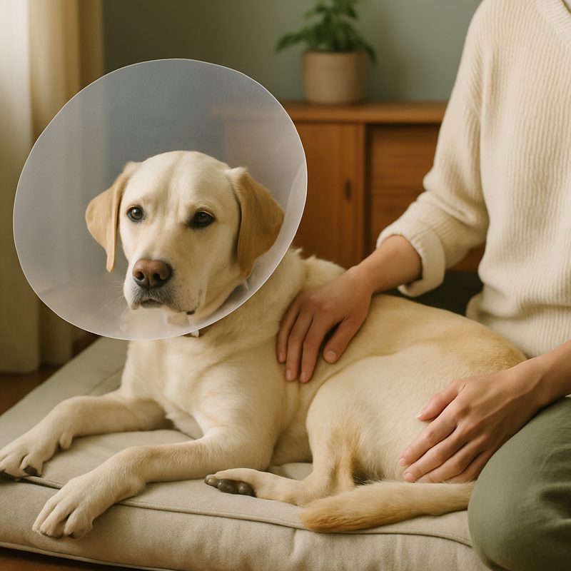 A dog wearing a recovery cone resting calmly on a bed at home, owner's hand on flank