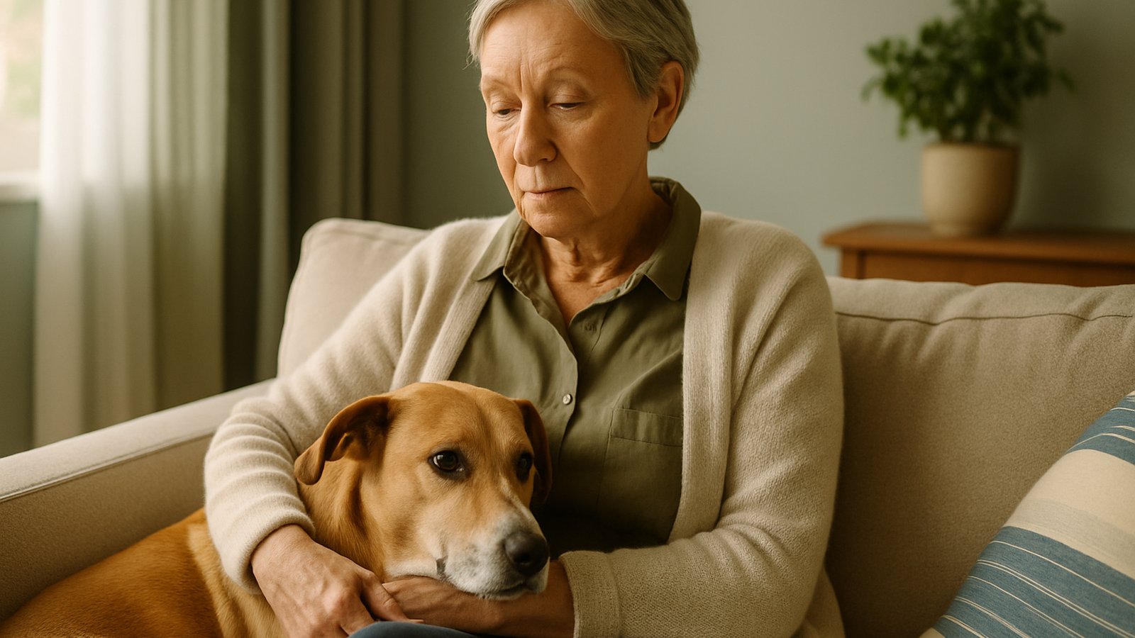 An older person on a couch with a calm dog leaning against them