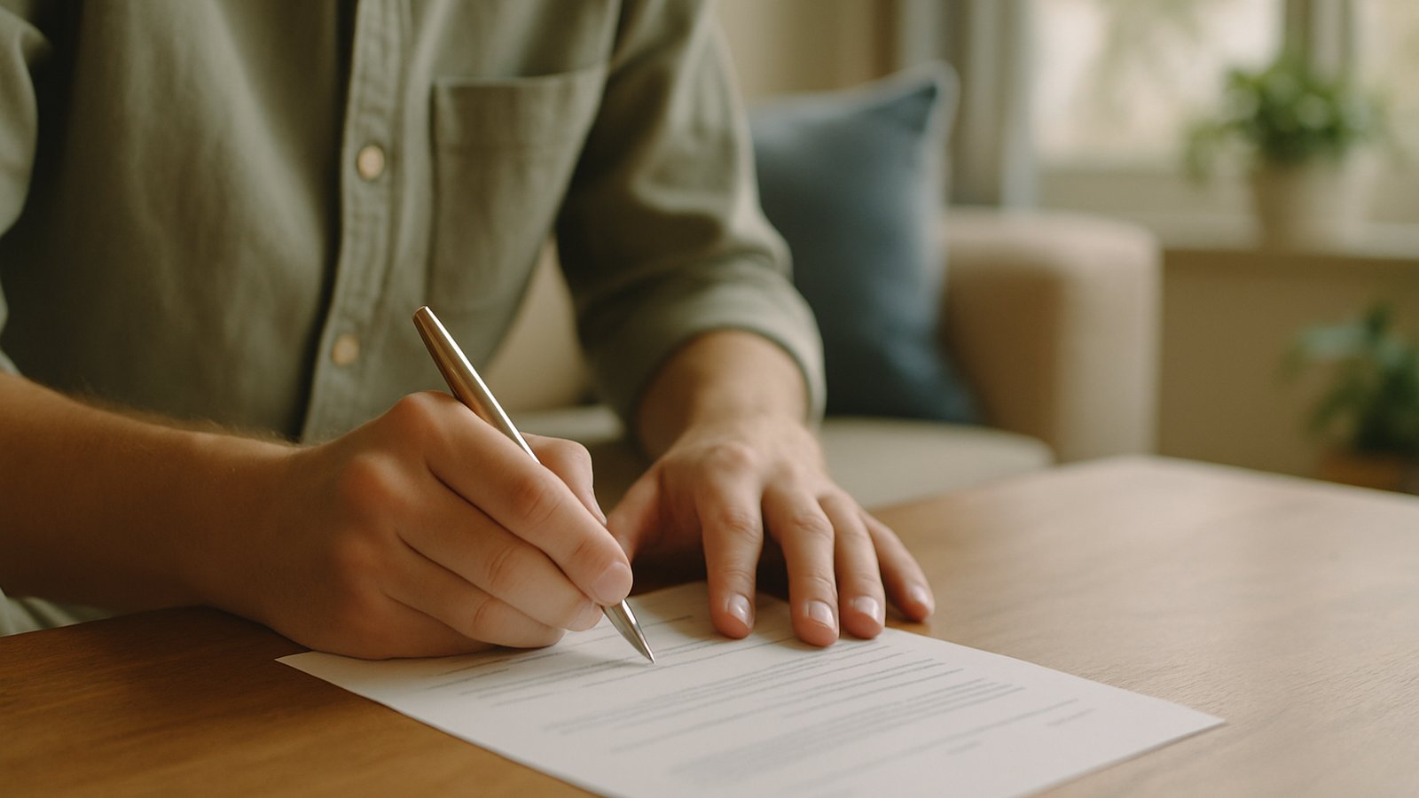 A person's hand signing a clean printed form on a wooden table