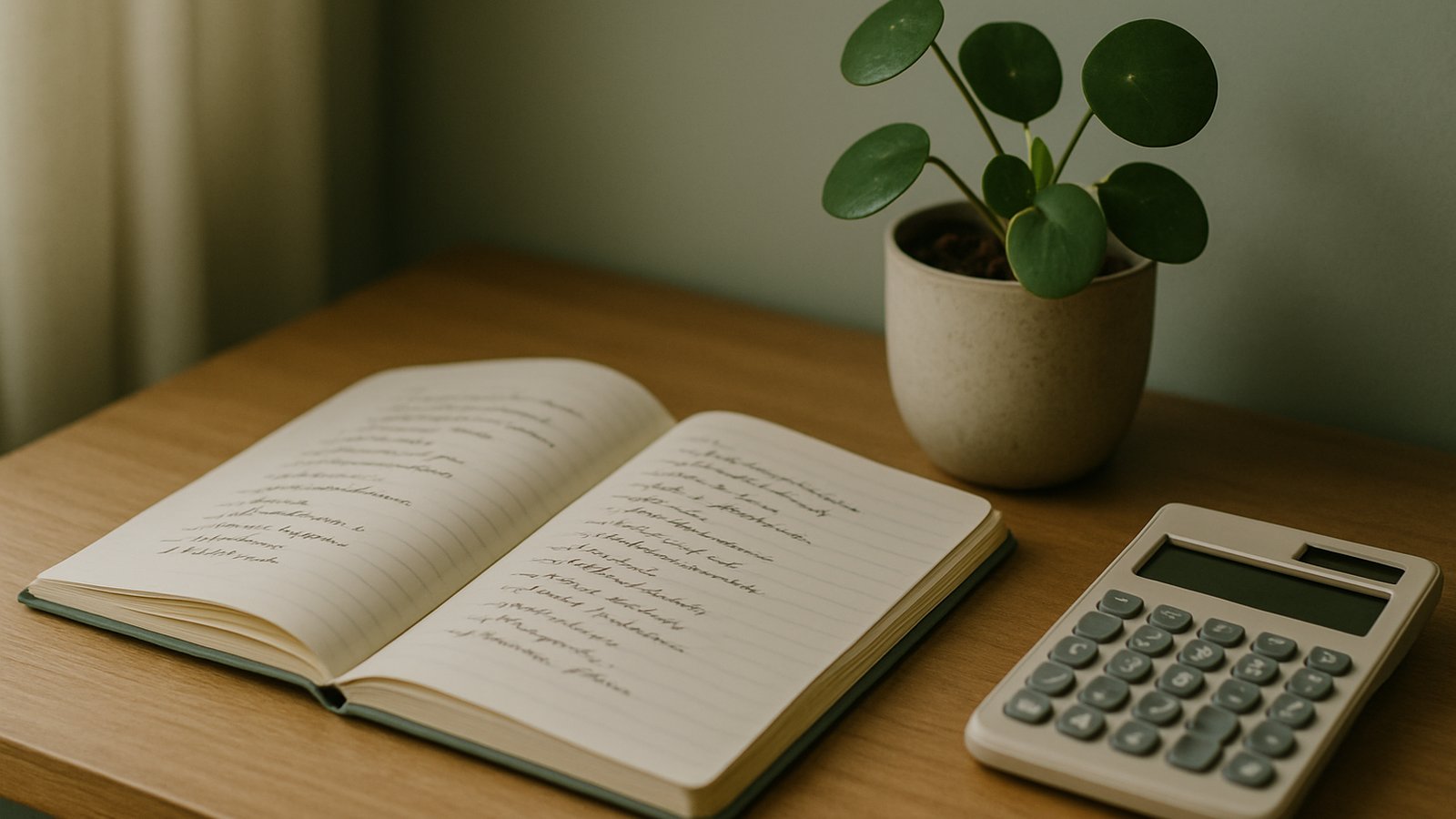 An open notebook with handwritten lists on a desk beside a calculator and a small plant