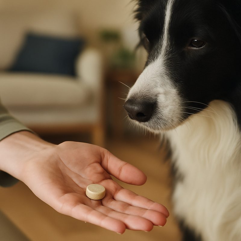 A close view of a hand offering a chewable wormer tablet to a calm Border Collie