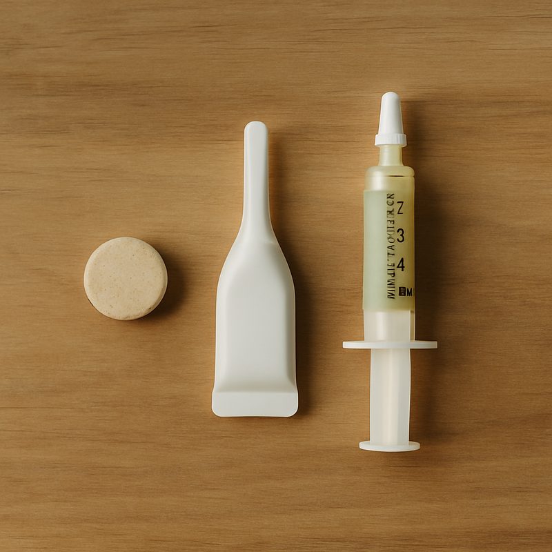 Three worming product formats arranged on warm timber: chew, spot-on, syringe